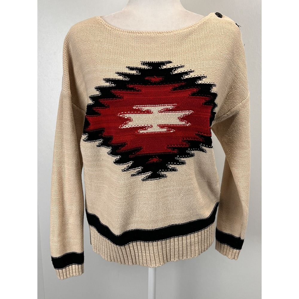 Lauren Ralph Lauren Aztec Sweater Sz L Petite GUC Indian Boat Neck Yellowstone